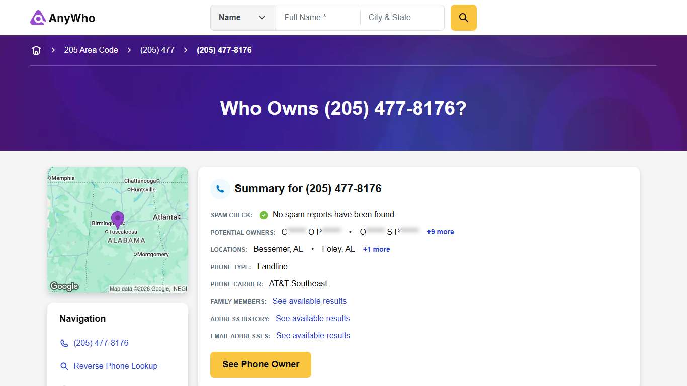 (205) 477-8176 | Reverse Phone Lookup | Anywho