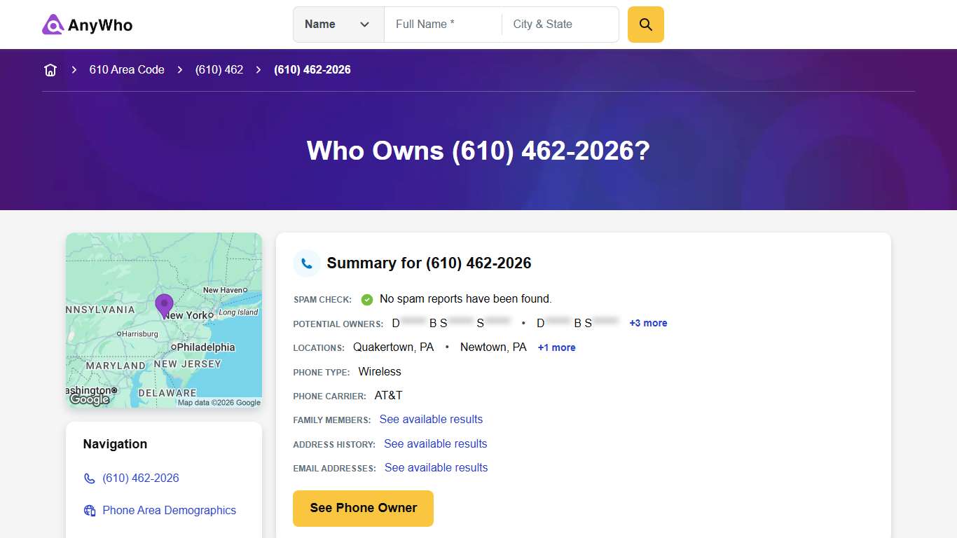 (610) 462-2026 | Reverse Phone Lookup | Anywho
