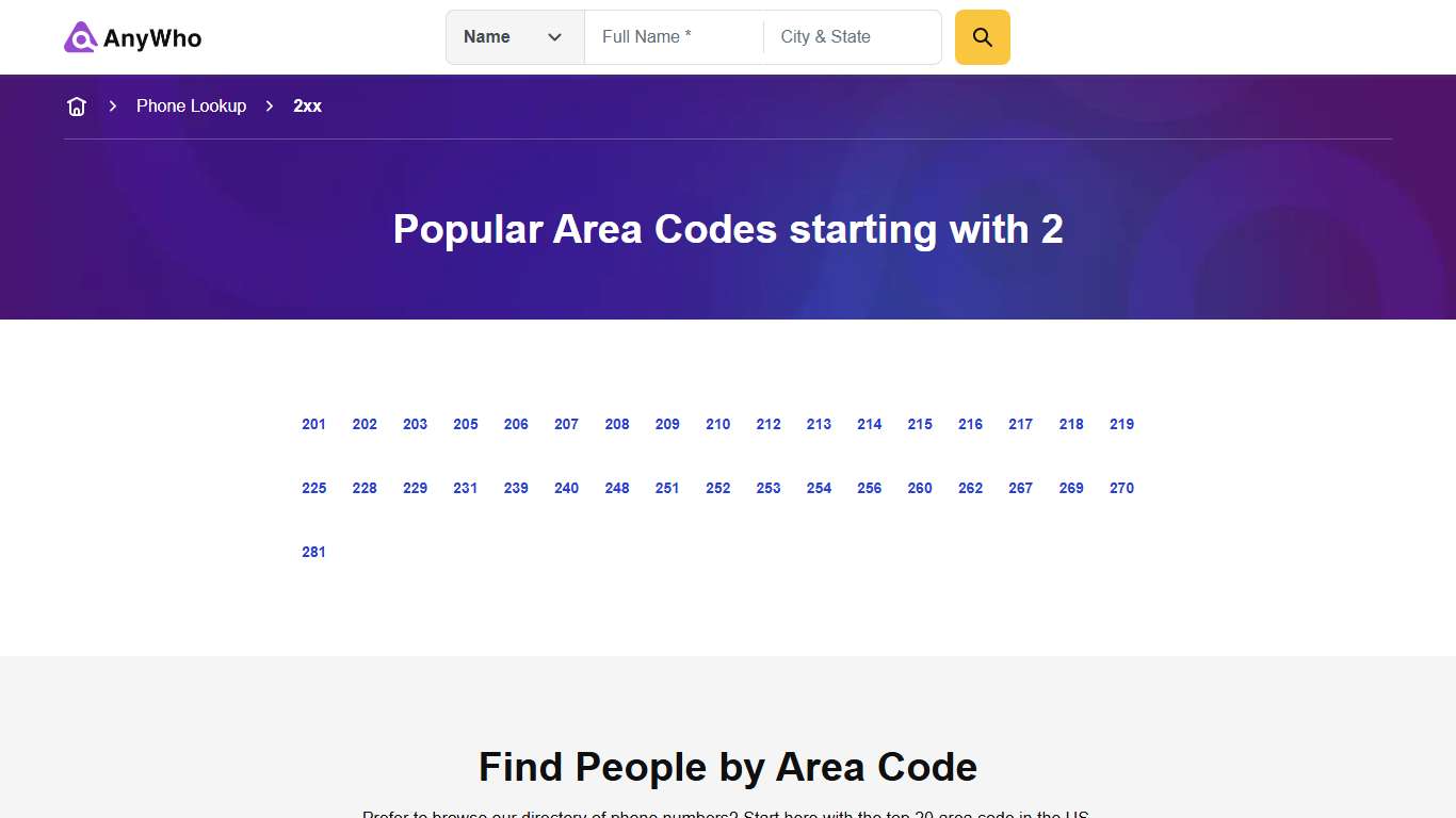 Area Codes Starting with 2 | Reverse Phone Lookup | Anywho