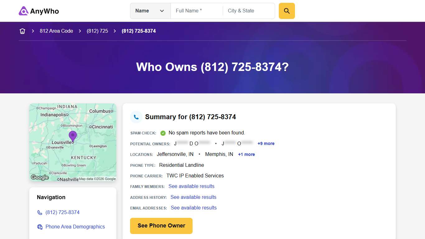(812) 725-8374 | Reverse Phone Lookup | Anywho